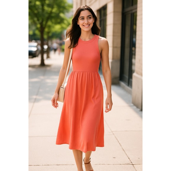 Old Navy Midi Dress Sz M NWT Fit & Flare Rib Knit Coral Pockets Coquette Coastal - Picture 1 of 10
